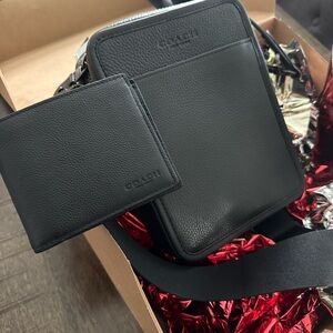 Coach Men's Black Leather Messenger Bag with Wallet